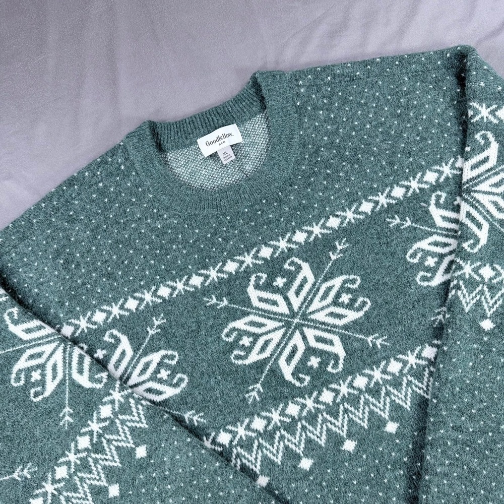 Goodfellow Mens XL Green Poly Wool Alpaca Fair Isle Holiday Snowflake Sweater